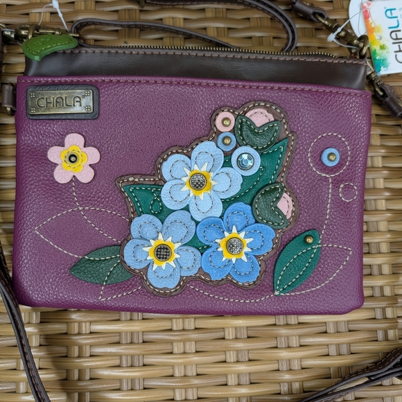 Chala Mini Faux Leather Purple Forget Me Not Crossbody Bag Clutch Wristlet NWT - Picture 2 of 13
